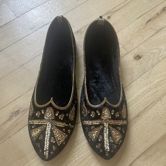Vintage‎ Handmade Jutti Shoes Womens Size 7.5 Black Gold Beaded Pakistan Velvet - Picture 2 of 12